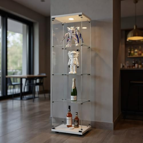 YNYHTER Glasmonter i sten, glasskåp med ljus, 1 dörr, 4 lager, displayställ för samlingar, stort transparent skåp för vardagsrum, sovrum, pubar (vit, 4 lager + 1 dörr)