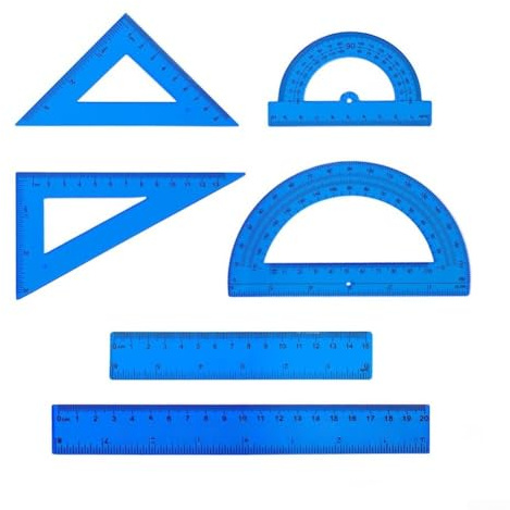 Set completo di 6 strumenti matematici in plastica trasparente con righelli, goniometri e strumenti di misurazione triangolari per compiti accurati (blu)