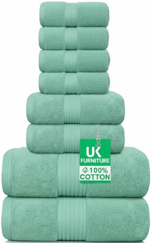UK furniture Luxury Towel Set 8 Piece 100% Egyptian Cotton 2 Bath Towels, 2 Hand Towels, 4 Washcloth Super Soft Highly Absorbent Bathroom Bale Set Quick Drying 600GSM (Aqua)