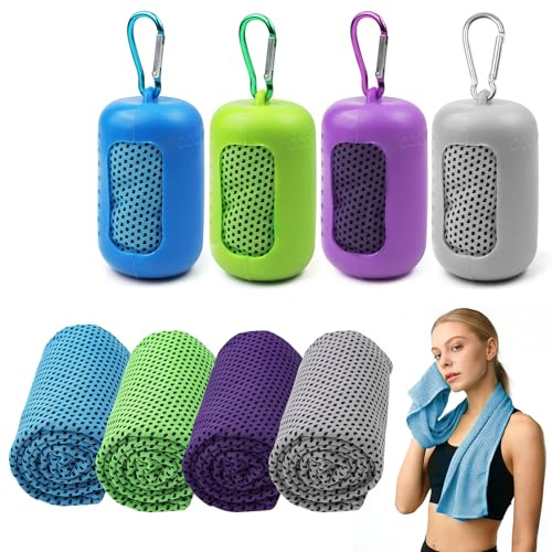 TRUEIN Serviette Rafraîchissante en Microfibre, Lot de 4, 90x30 cm, à Séchage Rapide, avec Étui en Silicone et Mousqueton, pour Fitness, Yoga, Voyage, 4 Couleurs
