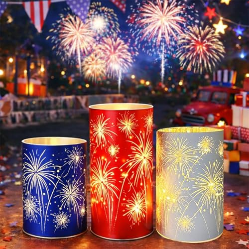 Set of 3 Celebration Hurricanes, Celebration Firework Lanterns – Premium Patriotic Red White Blue Trio, Romantic Decorative Ornaments for Mantel, Dining Table, Wedding & Holiday Décor (A)