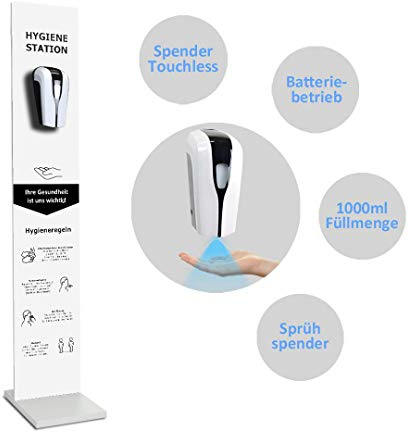 MyMAXXI | Mobiler Hand Desinfektionsständer Wood Printed Standard Sensor 3X Desinfektionsmittel 1000ml im Weis-Design stehend automatisch Infrarot | touchless Disinfection | Desinfektionsspender