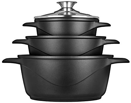 SMILE MGK18 - Batería de Cocina Inducción 6 piezas Aluminio Fundido, 3 ollas, Tapas de Vidrio Templado, Revestimiento Antiadherente, Apta Para Todo tTpo de Cocinas, Libre PFOA