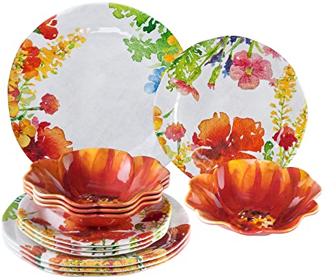 UP Vajilla de melamina de 12 piezas, incluye platos de cena, platos de ensalada, cuencos, servicio para 4. (Floral)