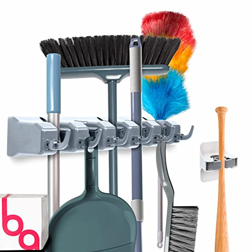 Combo 5 Slot Broom Holder w/ 1 Self Adhesive Mop Gripper No-Drilling, Wall Mount Tool Organizers For Kitchen, Garage, Laundry Room- Anti-Slip Hanger For Brooms, Mops, Rakes, Dustpans (Grey / White)