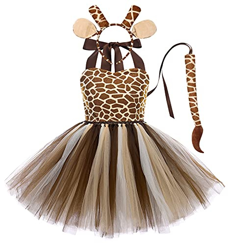 IMEKIS Kid Baby Girls Animal Cosplay Costume Princess Fancy Dress Up Cow Tiger Leopard Giraffe Tulle Dress with Headband Tail 3PCS Halloween Christmas Carnival Outfit Brown-Giraffe 3-4 Years