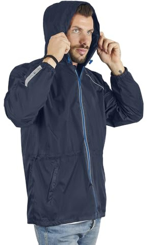 PERLETTI Giacca Impermeabile Uomo Antivento Leggera - Impermeabile Pioggia Sportivo con Cappuccio e Dettagli Catarifrangenti - Trench Giacca a Vento Uomo Antipioggia Corsa Trekking Outdoor (L, Blu)