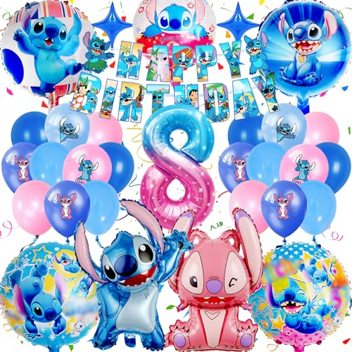 Stitc Geburtstagsdeko Ballon Set, Lil und Stitck Kindergeburtstag Luftballons Deko Set, Lil und Stitck Geburtstagsdeko 8 Jahre, Stitck Tortendeko Geburtstag mit 3D Ballon Banner Jungen Mädchen
