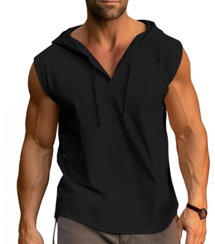 Cooleep Debardeur Homme Coton Musculation Tank Top Sport Tee Shirt sans Manche Débardeur à Capuche Fitness Noir L