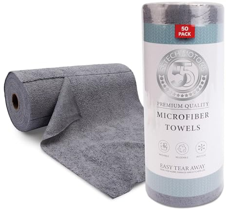 55tech Roll of Microfiber Cleaning Cloth Towels Easy Tear Away, 50 pcs per roll, 11.8 by 11.8 (30cm by 30 cm) 180 GSM Perfect for Home Kitchen Garage use Washable rag Towel (Grey)