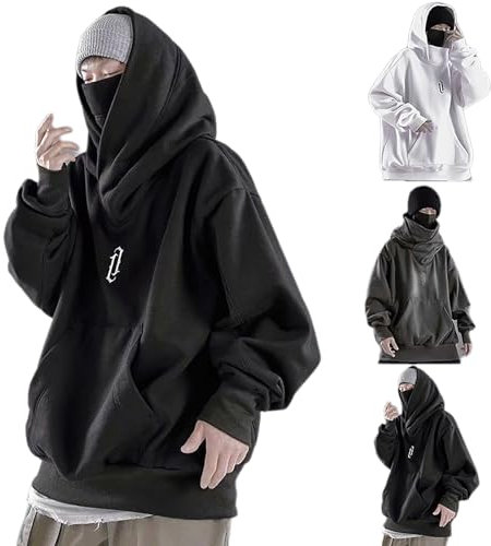 2024 Ninja Hoodie Herren, Pullover Herren Rollkragen Hip Hop Pulli Kapuzenpullover Y2K Harajuku Hoodies Gothic Schalkragen Sweatshirt Mit Kapuze Oversize Rollkragenpullover (001 Schwarz, XXL)