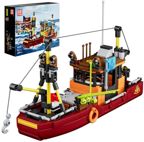 Mould King 10135 Hafen Klemmbausteine Fischerboot Baustaz Schiff Bausteine Spielzeug Piratenschiff Bausteine Geschenk für Erwachsene und Jugendliche(403 Teile)