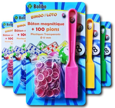 Bolibo JETON Loto magnétique Rose - Bâton magnétique + 100 PIONS - 17 mm de diamètre - Coloris au Choix - Bleu, Orange, Jaune, Vert, Rouge, Violet, etc... - Bingo (Rose)