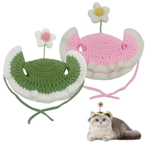 KASESSS 2 Pezzi Cappello per Cani Maglieria, Cappello Cane Carino, Cappello Gatto Morbido, Cappellino Cane Forma di Fiore per Gatti e Cani di Piccola Decorazioni per Feste (Verde,Rosa)