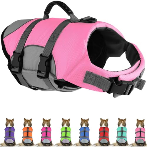 Mklhgty Dog Life Jacket, Reflective Adjustable Dog Life Vest with Rescue Handle for Swimming and Boating, Ripstop Pet Safety Life Preserver for Small, Medium and Large Dogs