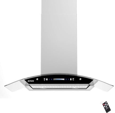 IKTCH 36-Inch Island Mount Range Hood, 900 CFM Ducted, Stainless Steel & Tempered Glass, Gesture Sensing & Touch Control, 4-Speed Fan