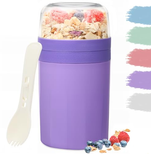 Bugucat Taza de Yogur 520ML+250ML, Porta Yogur y Fruta Vaso de Cereales para Llevar con Tapas y Cuchara, Reutilizable Porta Vaso Portátil Taza de Cereales con Recipiente para Ensaladas,Morado