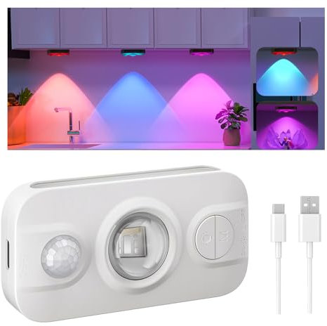 Afaiup Under Cabinet Lights,Mini Rechargeable Motion Sensor Night Light Indoor -7 RGB Spot Light Display Cabinet Lights,Dimmable Stairs Lighting with Magnetic Mount, for Bedroom Wardrobe Closet,1PCS