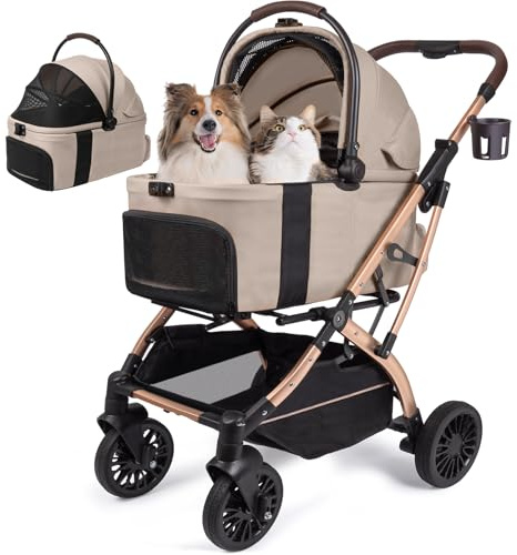 Small Dog Stroller, 5-in-1 Foldable Pet Stroller for Small Dogs Cats 10-20 lbs - 1-Click Fold Without Detaching Carrier, Removable Waterproof Carrier, All Terrain 4 Wheels for Outdoor Travel, Khaki