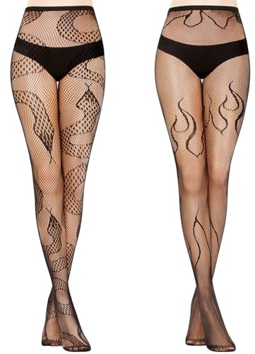 Kiiwah 2 Paire Collant Resille Noir Halloween à Serpent & Flamme, Haute Élasticité Bas Resille Sexy pour Femme pour Fête, Club, Carnaval, Quotidienne