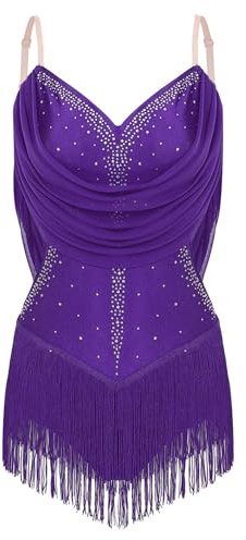 RUNQHUI Justaucorps Danse Latine Jazz Frangé pour Femme Leotard Gymnastique Patinage Body Strass Tenue Violet XS
