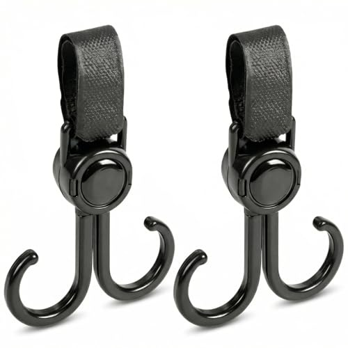 2 Pack Heavy Duty Buggy Clips for Pram Stroller,Mobility Scooter Accessories, Double Hook Pram Hooks & Universal Pram Accessories for Bags, Wheelchair, Mobility Scooter, Bike (Black)