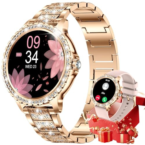 Montre Connectée Femme avec Diamant, 1,32 Écran Smartwatch, Appel Bluetooth/Suivi de la Fréquence Cardiaque et Sommeil, 500+ Cadrans, IP68, 110+ Modes Sportifs, Compatible Android iOS, Or Rose