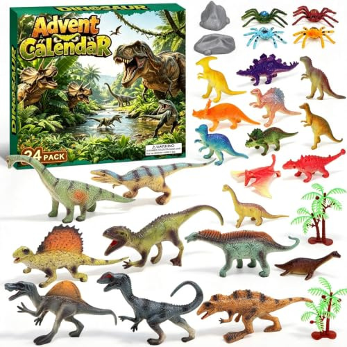 Dinosaurie adventskalender 2026, pojkar flickor, 24 delar, dino, lekset med T-Rex, triceratops, vulkan, spindel, jul nedräkningskalender, present för pojkar flickor från 3 år