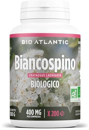 Biancospino Bio 400mg - 200 compresse, Ingredienti : Polvere di Biancospino sommità fiorite*: 1200mg, Agente di carica : Carbonato de magnesio