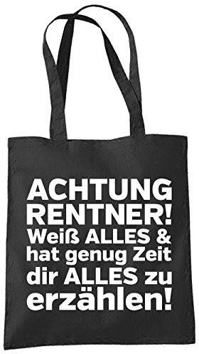 clothinx Tasche Achtung Rentner! 100% bio fair Baumwolltasche öko nachhaltig witzige Geschenkidee Geschenk für Rentner Pensionäre lange Henkel Tragetasche Einkaufsbeutel Stoffbeutel Schwarz