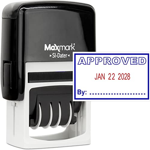 MaxMark Office Self Inking Date Stamp with Phrase Approved - 2 Color Blue/Red Ink