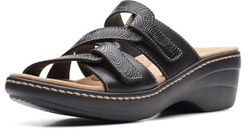 Clarks Collection Women's Merliah Karli Wedge Sandal, Black Leather, 8 Wide US