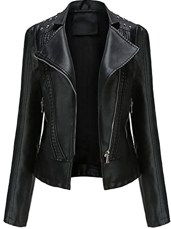 Chiodo Giacca in Pelle da Donna Giacca di Pelle con Borchie Giubbotto Biker in Ecopelle Giacca Motociclista con Cerniera Primavera Autunno Giubbino Corto in Finta Pelle Giubbotto Similpelle Nero S