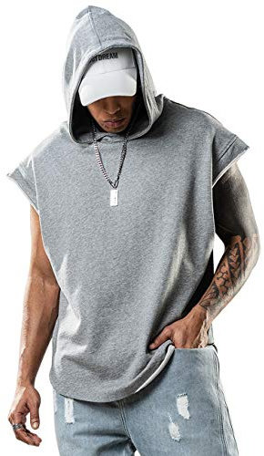 Lomon Canotta da uomo con cappuccio per palestra, senza maniche, tinta unita, per corsa, sport e bodybuilding, L