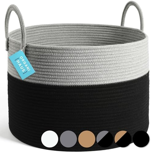 OrganiHaus Cesto XL 50x33cm Nero/Grigio in Corda di Cotone – Contenitore Morbido per Biancheria, Coperte, Asciugamani o Giochi del Cane
