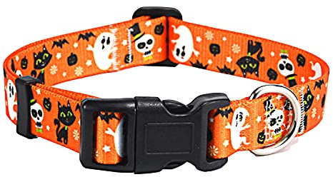 Mihqy Halloween Dog Collar, Ghost Pattern, for Large Dogs, Halloween,L | Neck Fit 14.9-24.8, Pumpkin Bat Ghost Pattern, 4 Sizes for Small Medium Large Dog, Comfortable for Walks and Outdoor Hikes