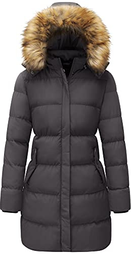 WenVen Lång vinterkappa för kvinnor, vindtät quiltad jacka, tjock jacka, varm vadderad kappa, vinterparkas med fuskpälshuva, Grå, XL