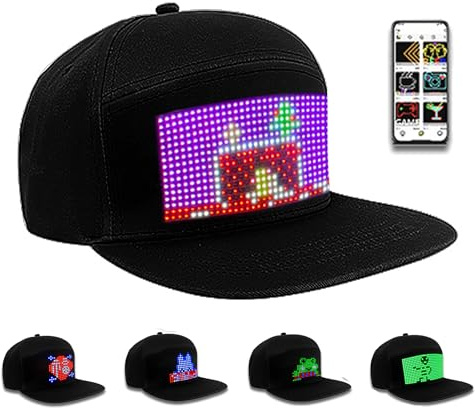 WLDOCA Casquette de Baseball programmable avec Message d'affichage à défilement de Chapeau LED Bluetooth RVB Supporte l'animation de Texte d'image pour Noël dans Les Bars des boîtes de Nuit,Noir,A