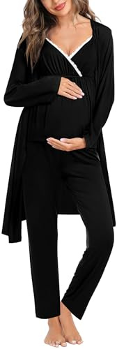SWOMOG Maternity Nursing Robe Set 3 Piece Breastfeeding Pajamas 3 in 1 Labor Delivery Sleevless Tops&Long Pants Pregnancy Pjs Black