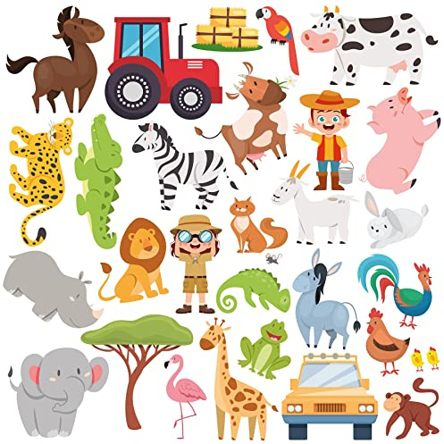 WALPLUS Gel-Aufkleber, selbstklebend, für Fenster, Deko-Fensterbild, wiederverwendbar, entfernbar, für Acrylglas, Spiegel, Safari- und Bauernhof-Tierwelt, 28 Stück