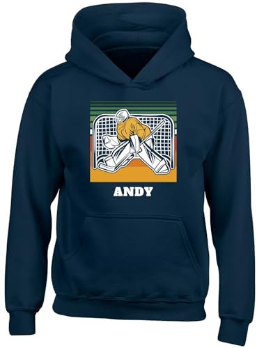 Shopagift Personalised Hockey Lover Kids Hoodie Puck Goaltender Any Name Hoody Hooded Top Boys Girls Navy Blue