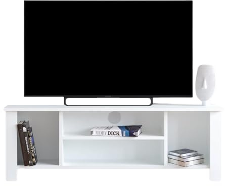 Bimossa Arsin White TV Stand Cabinet for 50 Inch TV – 114cm Durable Particle Board Unit with Open Shelves and Resilient Finish, Ideal for Living Room and Office