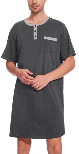 Uniexcosm Camicia da Notte da Uomo in Cotone Pigiama da Uomo Girocollo con Bottoni Pigiama Comoda Maniche Corte Girocollo, Tinta Unita Sottile Grigio Scuro L