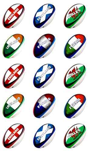 15 x 6 Nations Rugby Ball Mix Edible Wafer or Icing Cupcake Toppers Fun Sports Party Cake Decorations Perfect For Brownies Cookies Muffins & More! (Edible Wafer Card)