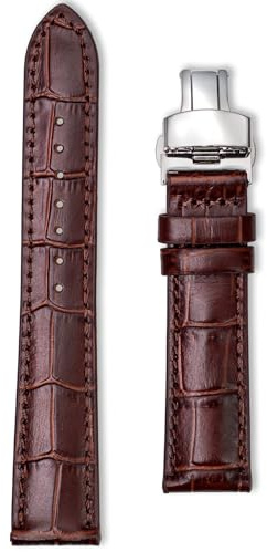 Buckle & Stitch Crocodile Grain Leather Deployment Strap | 20 mm Dark Brown | Croc Alligator Embossed Calf Leather Watch Band | Silver Deployant Clasp | Spring Bars and Tool Included (Brown, 20mm)