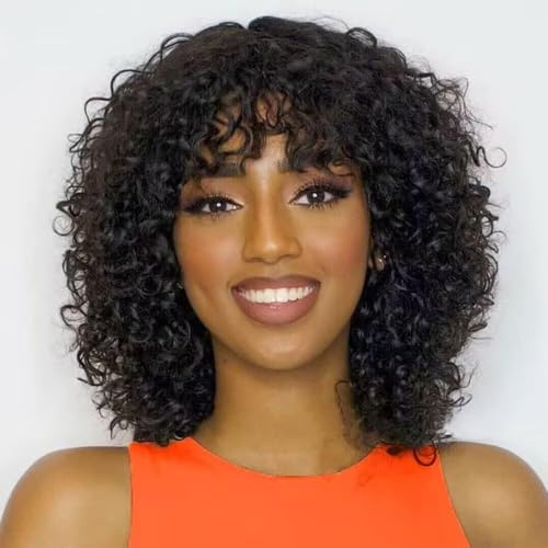 Perruque Femme Naturelle Brésilien Bouclée De Cheveux Humain Avec Frange Sans Colle Curly Bob Wig With Bangs Human Hair Glueless Wig No Lace Bouclée Perruque Femme Courte Noir Naturel 10 Pouces