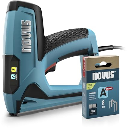 NOVUS TOOLS Elektrotacker J-120 Set mit 1800 Klammern │ Elektrische Tackerpistole für Holz zur Befestigung von Stoffen und Zierleisten │ Für Feindrahtklammern 6-14 mm und Nägel 16 mm