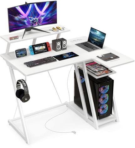 COSTWAY Bureau Gaming d'angle 107 x 80 cm, Bureau d'ordinateur en Forme de L avec Support d'écran, 2 Prises Électriques et 2 Ports USB, Table Gaming en Fibre de Carbone avec Rangement (Blanc)