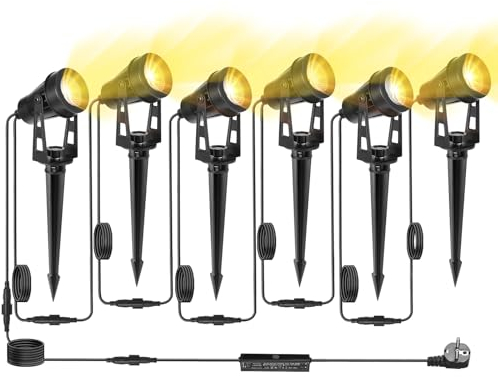 HUAEU Gartenstrahler LED Außen Wasserdicht, 20 Meter 6-in-1 Bodenstrahler, 3000K Warmweiß, 12V IP65, Gartenbeleuchtung mit Strom, mit Stecker für Terrasse, Gartenweg, Party, Bäume, Rasen, Erdspieß