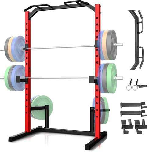 OPPSDECOR Squat Rack, Multi-Function Power Cage Rack with Adjustable Weight Bench, Squat Rack with Pull-up Bar, J-Hooks, More Training Attachment for Home Gym